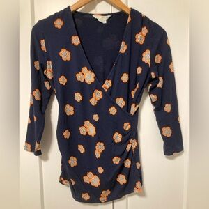 Boden Womens Top Size 6 Faux Wrap V-neck Ruch Dark Floral 3/4 Sleeve Versatile